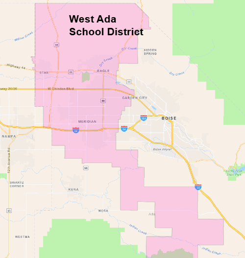 Map of SW Idaho with West Ada School District highlighted in pink.